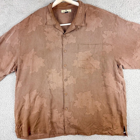 Tommy Bahama Shirt‎ Mens 2XL Brown 100% Silk Tonal Floral Hawaiian Aloha Camp - Picture 2 of 13